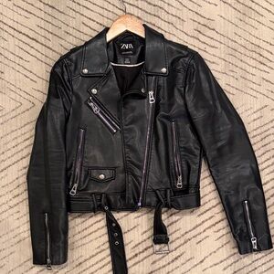 ZARA Black Faux Leather Moto Jacket with Belted Waist
